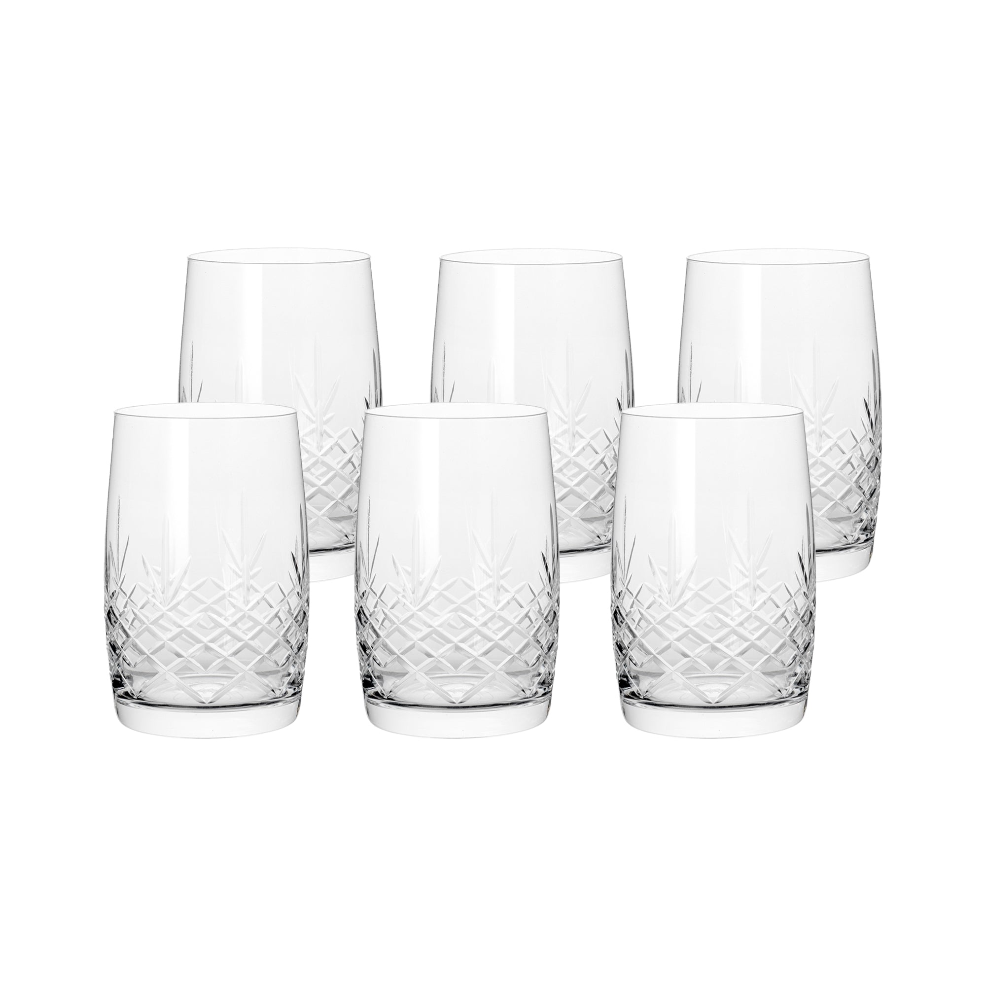 Seks klare drikkeglas med facetslebet diamantmønster og rund form til servering fra Frederik Bagger Aqua XL-kollektion