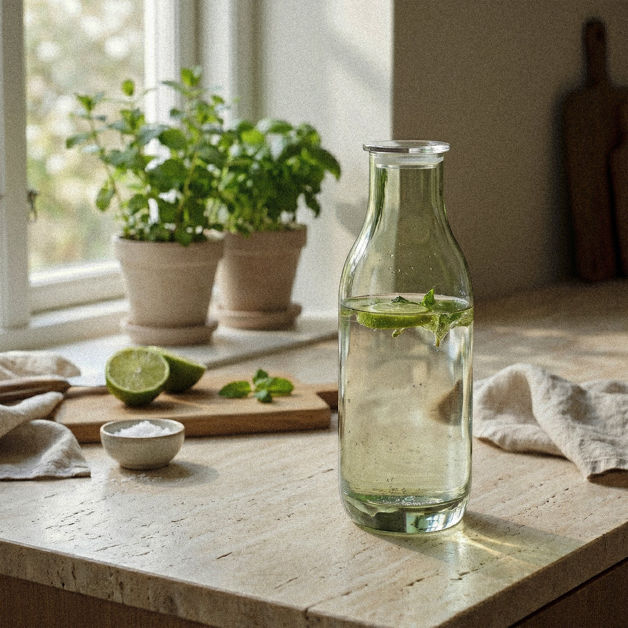 Klar glasflaske med rund silhuet og låg, anvendt til servering med lime og urter på bord fra Frederik Bagger
