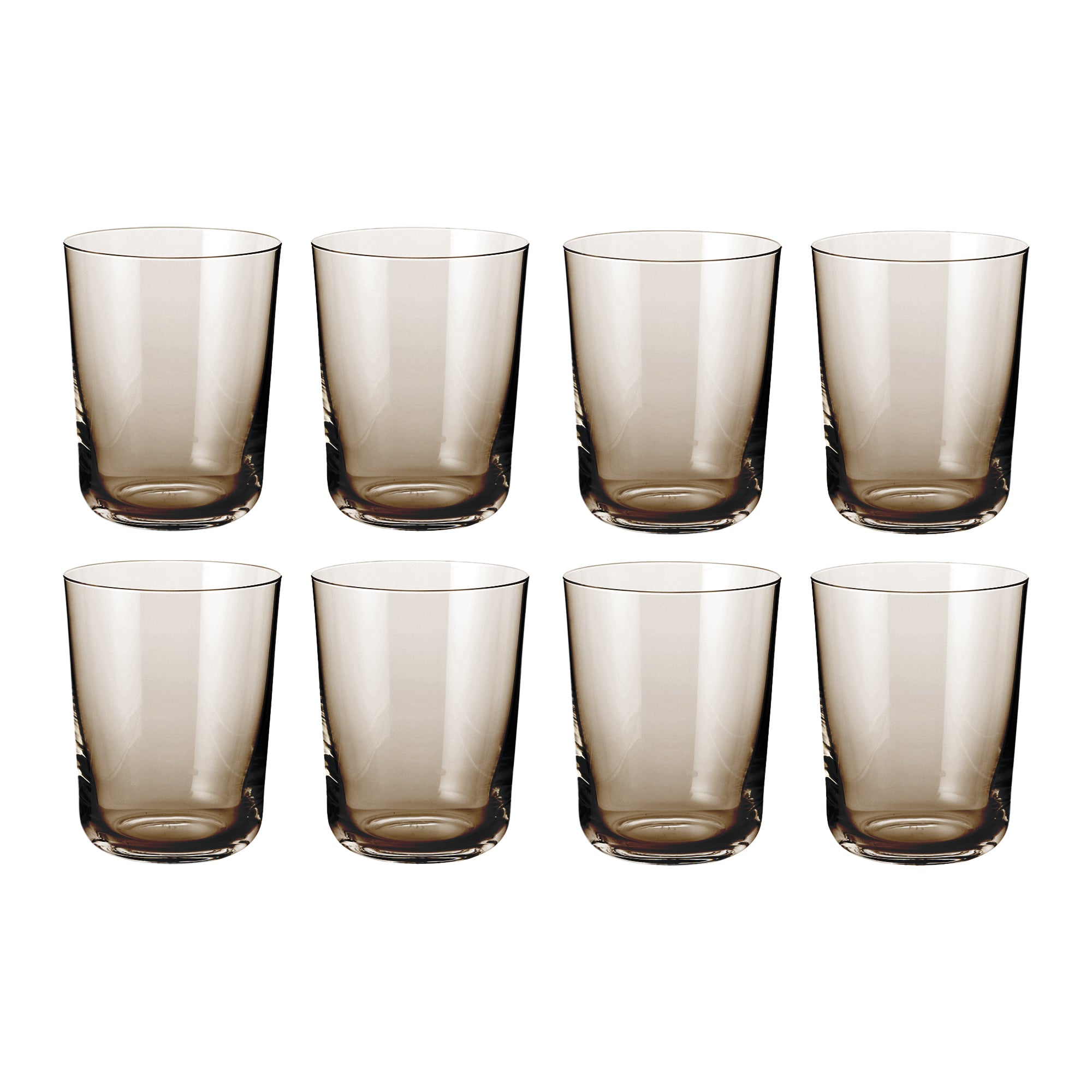 Ottekantet sæt af brune cylinderformede vandglas i klart, røget glas fra Frederik Bagger til borddækning og servering