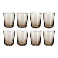 Ottekantet sæt af brune cylinderformede vandglas i klart, røget glas fra Frederik Bagger til borddækning og servering