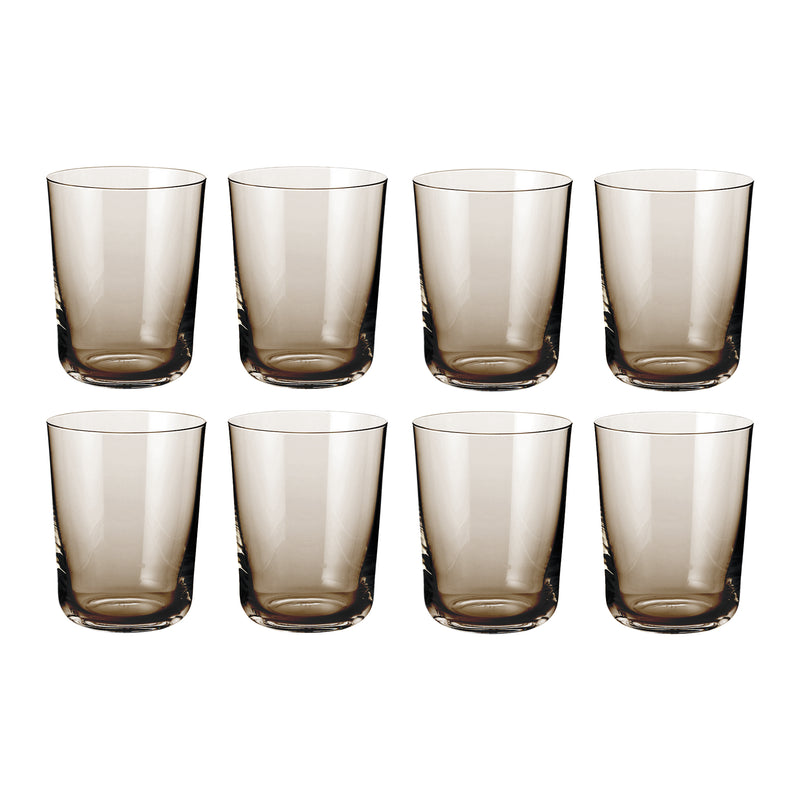 Ottekantet sæt af brune cylinderformede vandglas i klart, røget glas fra Frederik Bagger til borddækning og servering