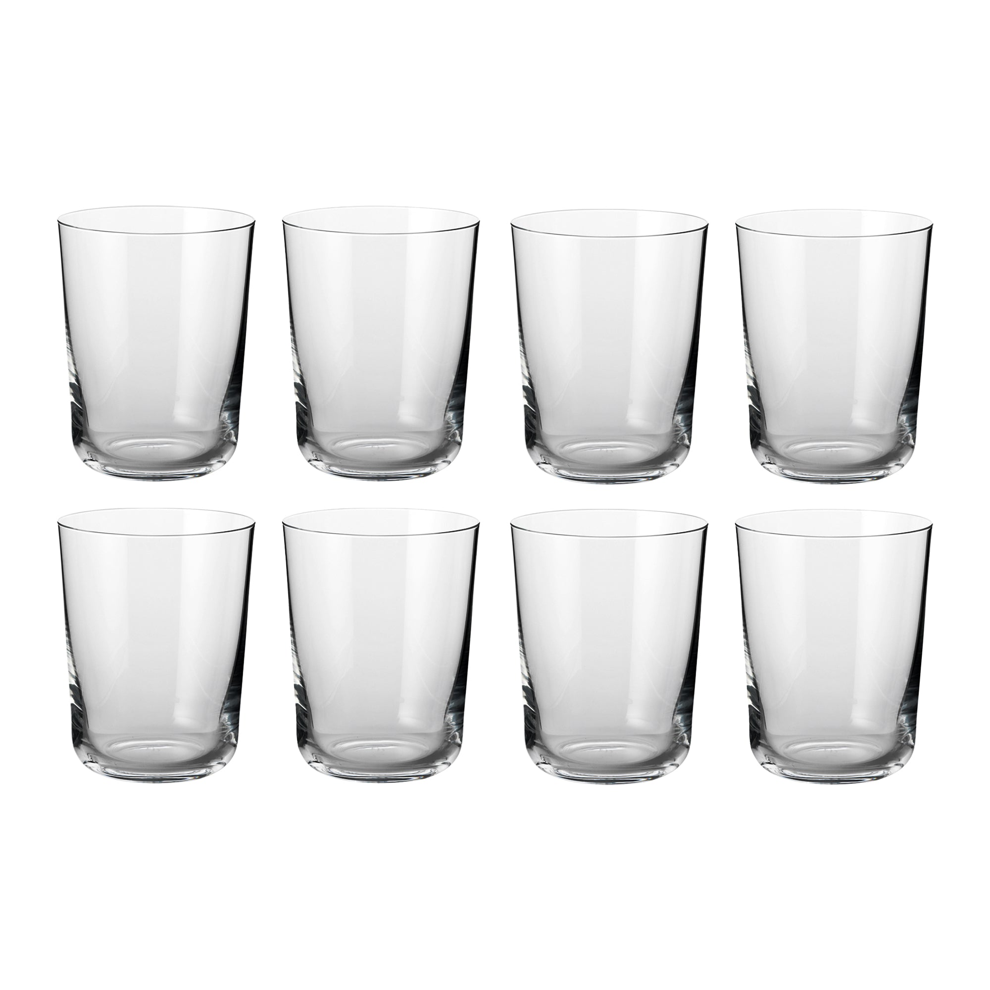 Sæt af otte cylinderformede vandglas i klart glas fra Frederik Bagger til daglig borddækning og servering