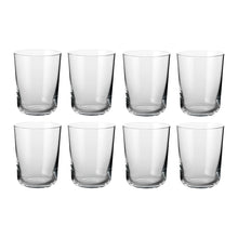 Sæt af otte cylinderformede vandglas i klart glas fra Frederik Bagger til daglig borddækning og servering