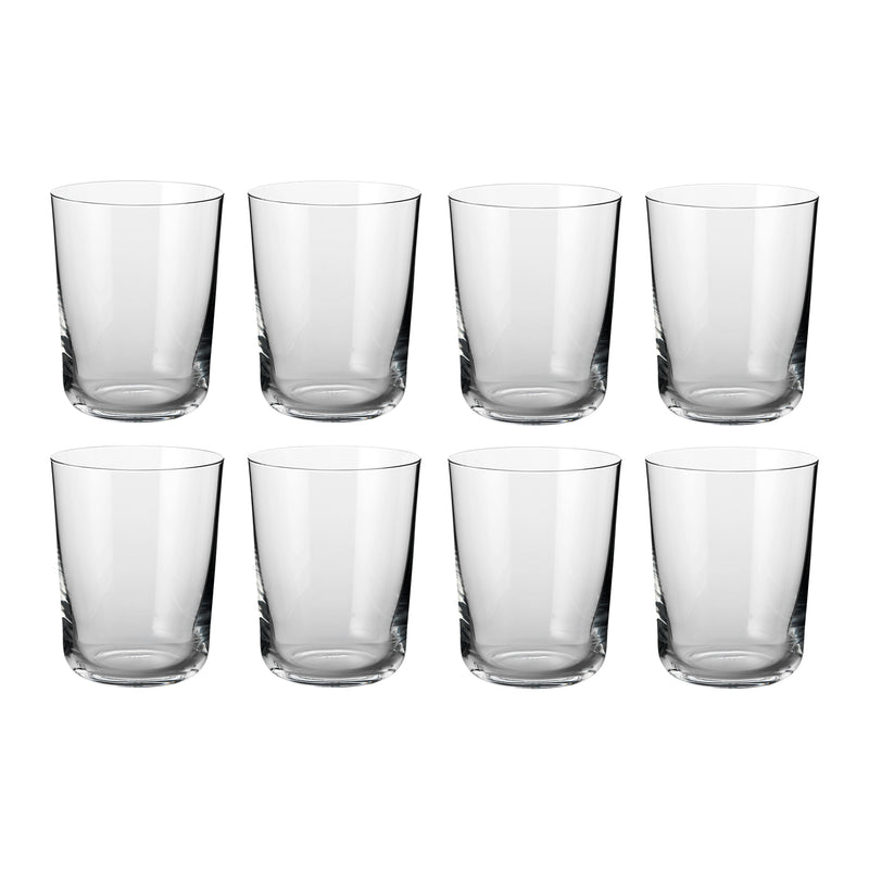Sæt af otte cylinderformede vandglas i klart glas fra Frederik Bagger til daglig borddækning og servering