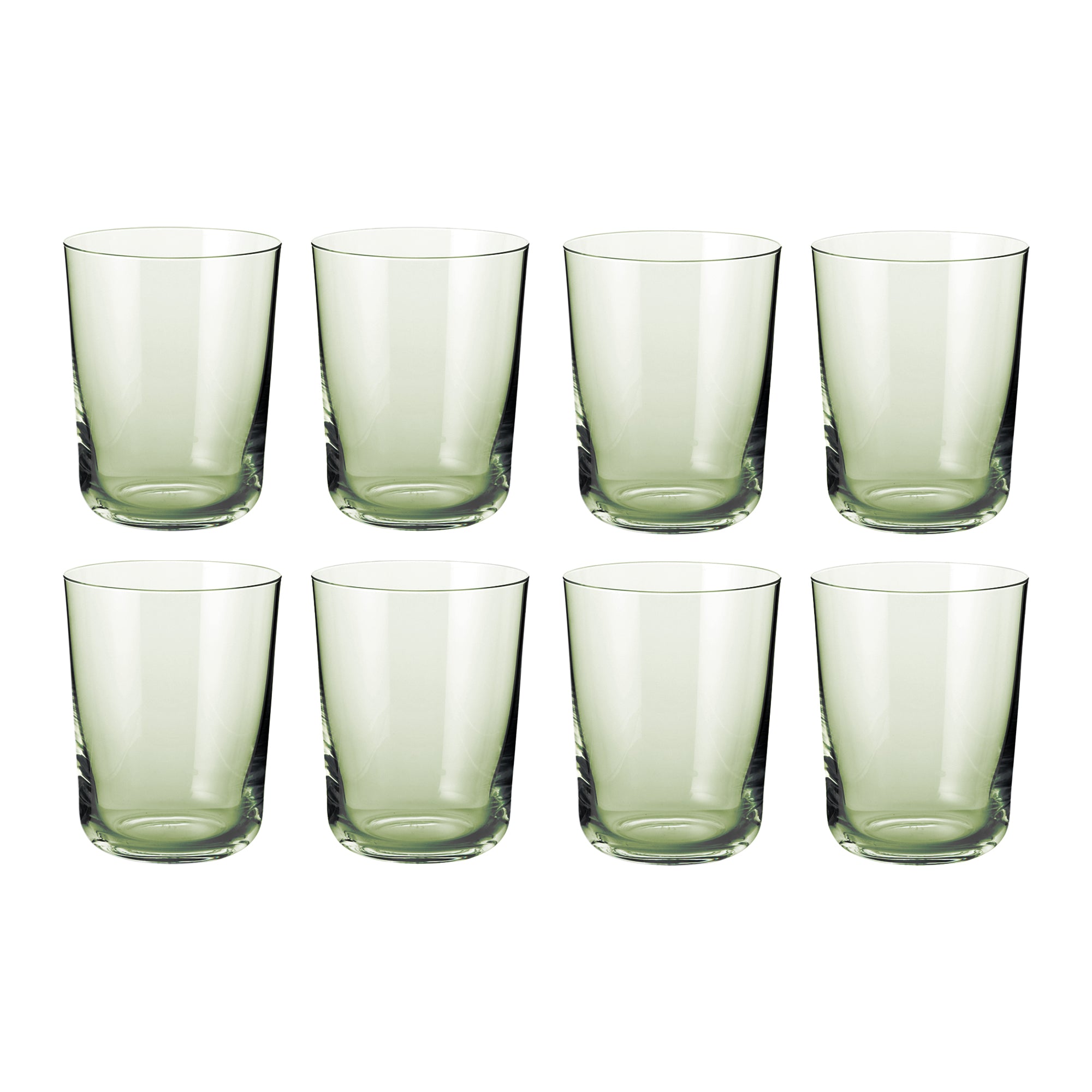 Sæt med otte grønne, cylinderformede drikkeglas i klart glas fra Frederik Bagger til borddækning og servering
