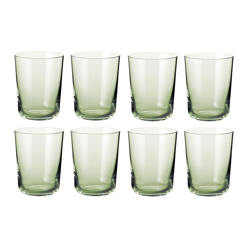 Sæt med otte grønne, cylinderformede drikkeglas i klart glas fra Frederik Bagger til borddækning og servering