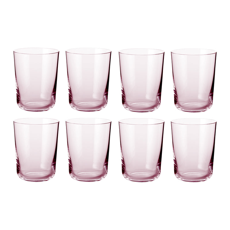 Ottekantet sæt af rosa cylinderformede vandglas i klart glas fra Frederik Bagger til borddækning og servering