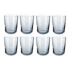 Sæt af otte blå cylinderformede vandglas i klart glas til borddækning og servering fra Frederik Bagger