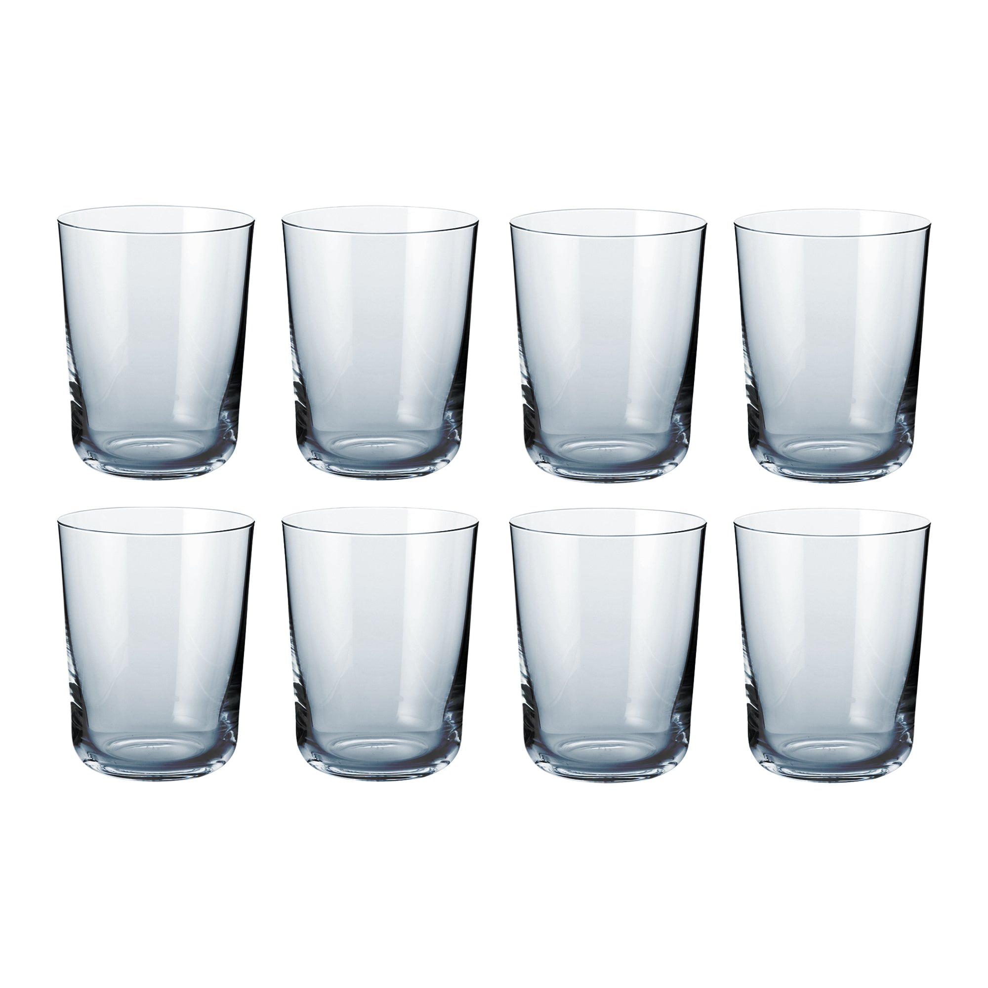 Sæt af otte blå cylinderformede vandglas i klart glas til borddækning og servering fra Frederik Bagger