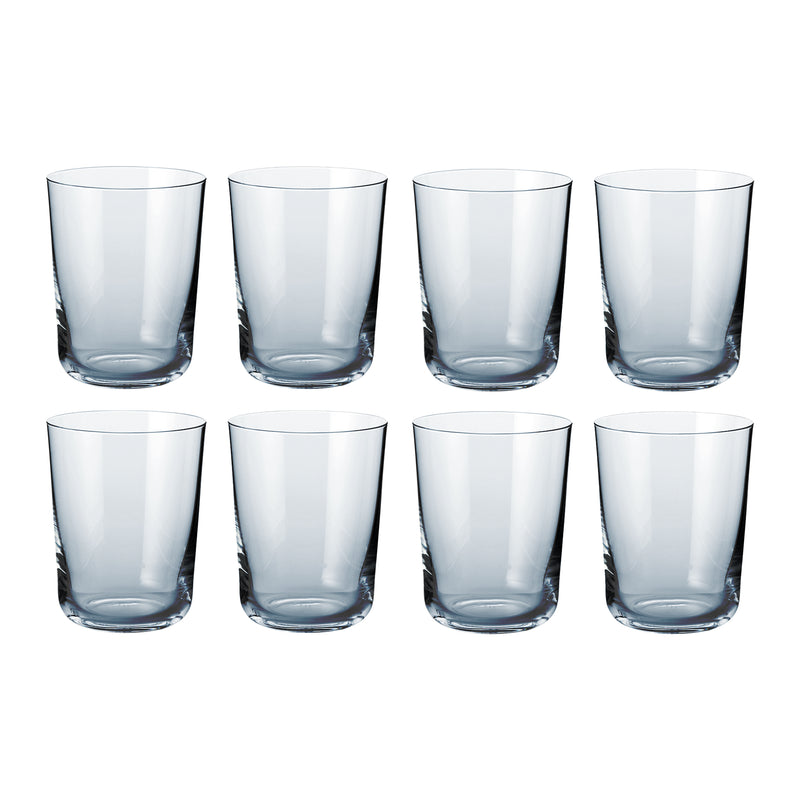 Sæt af otte blå cylinderformede vandglas i klart glas til borddækning og servering fra Frederik Bagger