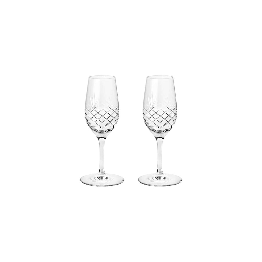 To klare facetslebne portvinsglas i krystalglas med diamantmønster fra Frederik Bagger